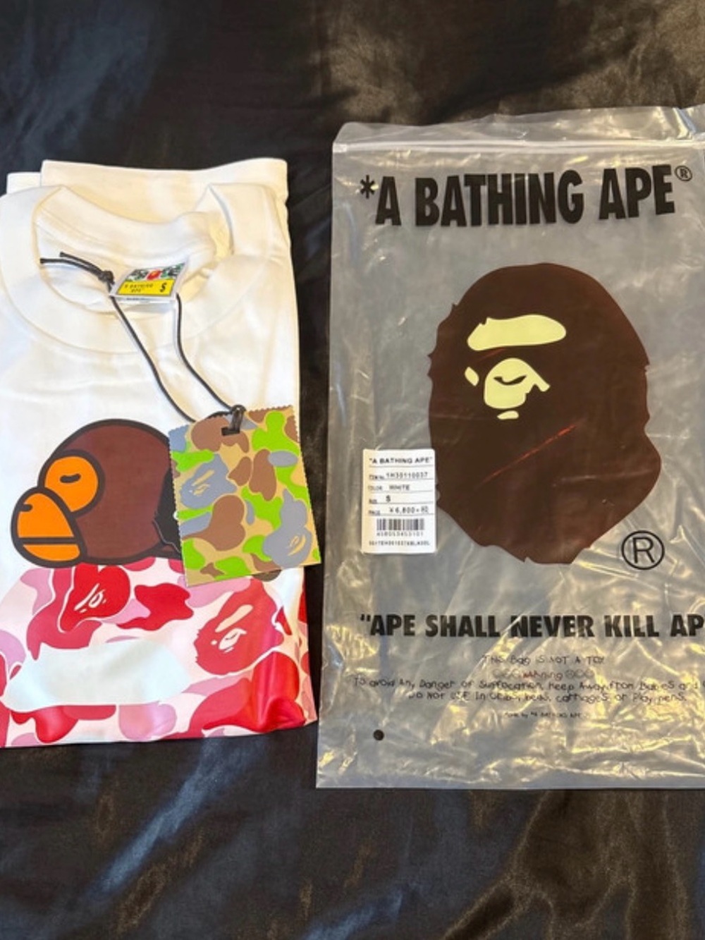 A Bathing Ape White Graphic Tee with Pink Camo baby Milo bape